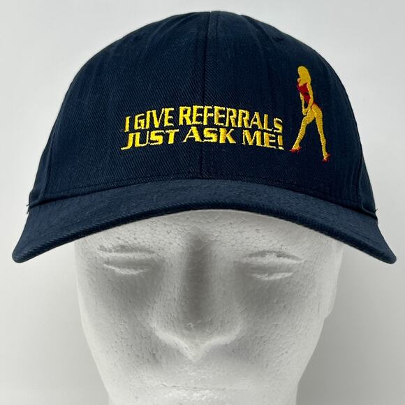 Vintage Y2Ks I Give Referrals Strip Club Hat Cap FlexFit S-M Blue Stripper Funny - Picture 2 of 10